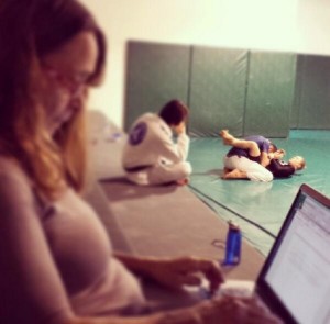 Grading papers at Ronda's practice