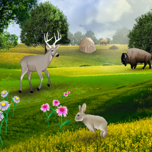 Making Camp scene with buffalo, deer and rabbit