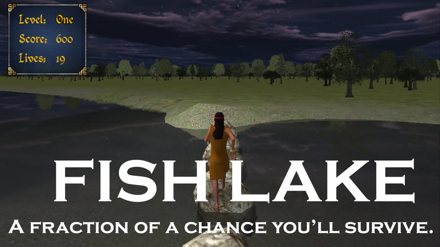 Fish Lake fractions game with Native American girl stepping on stones across a creek