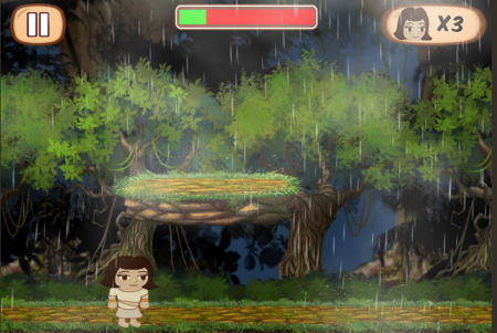 Girl in Mayan jungle in the rain. Scene from platformer game.